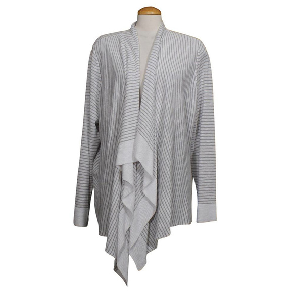 White Linen Cotton Slub Stripe Cascading Cardigan